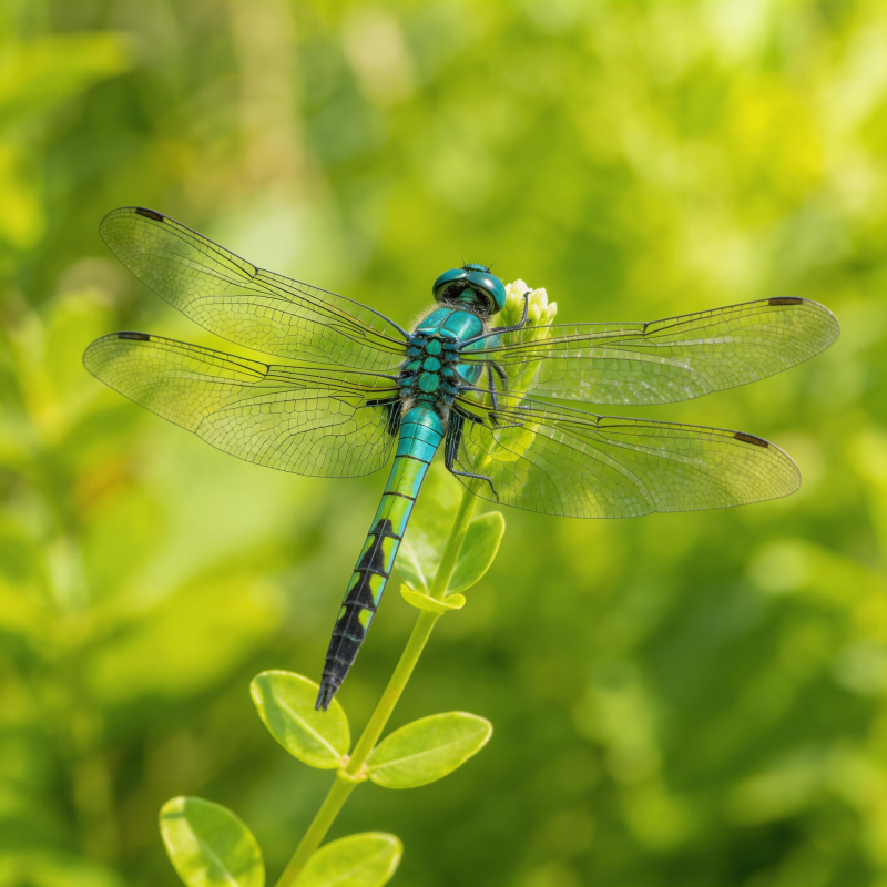 翠色蜻蜓栖绿叶图片