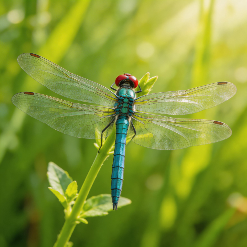 碧色蜻蜓栖绿叶图片