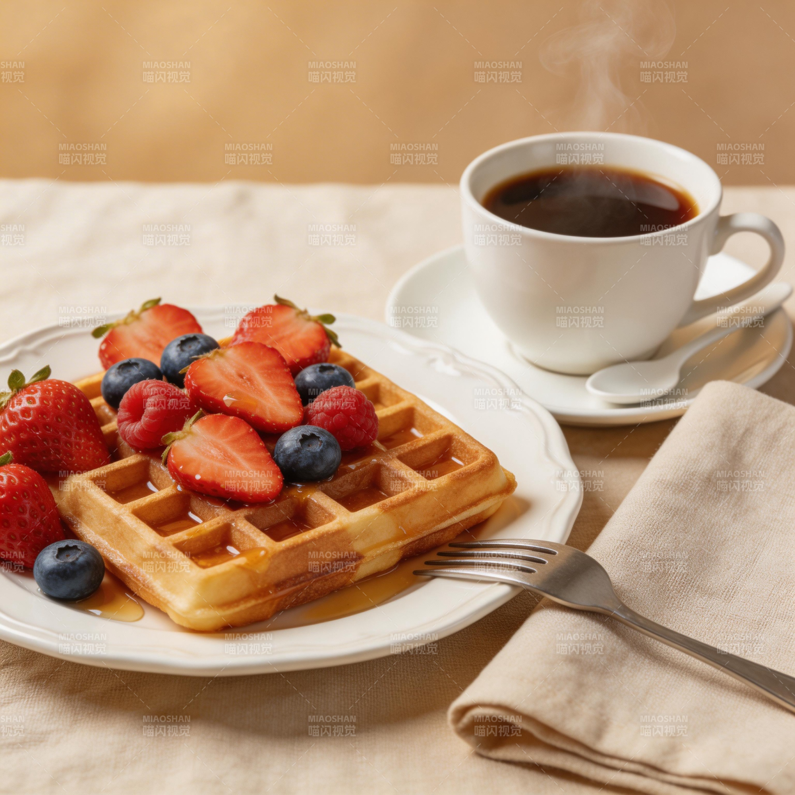 美味早餐 华夫饼配咖啡图片