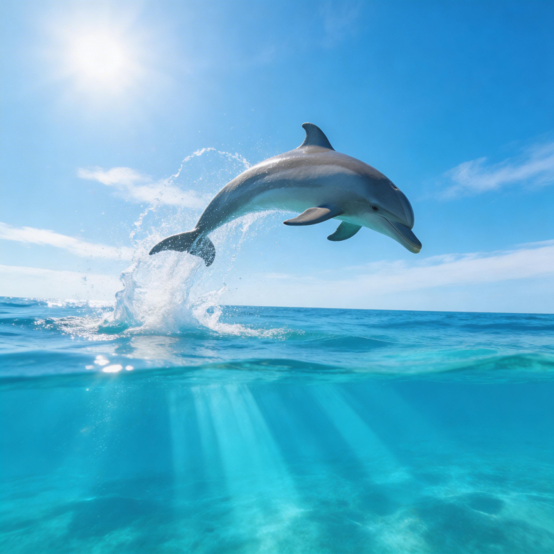 海豚跃出碧海蓝天图片
