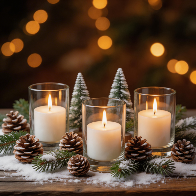 冬夜烛光雪松景图片