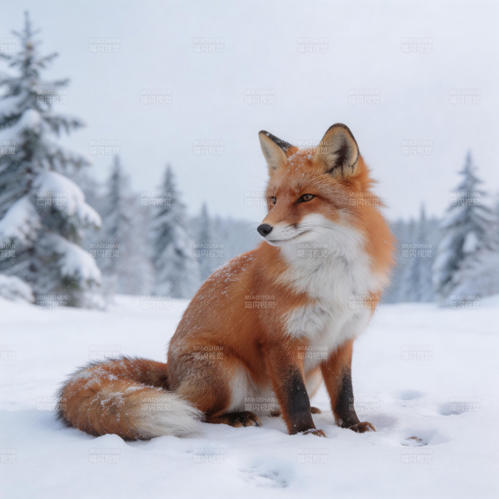 雪地红狐静坐图片