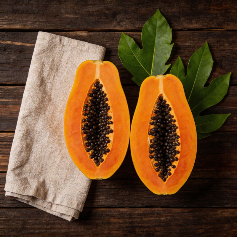 木桌上的切开木瓜图片