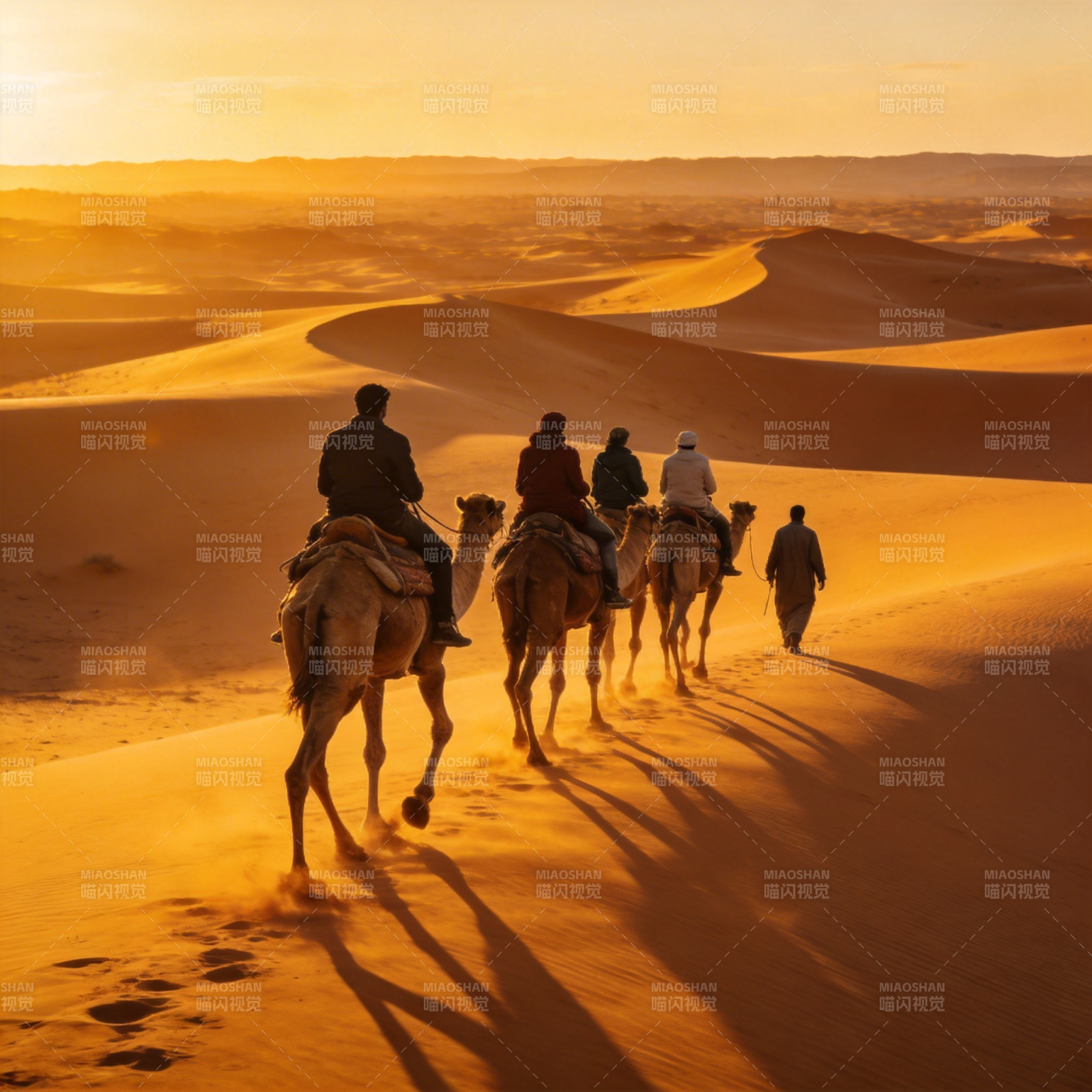 沙漠驼影夕阳下图片
