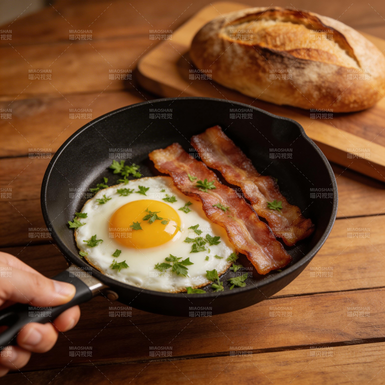煎蛋培根配面包图片
