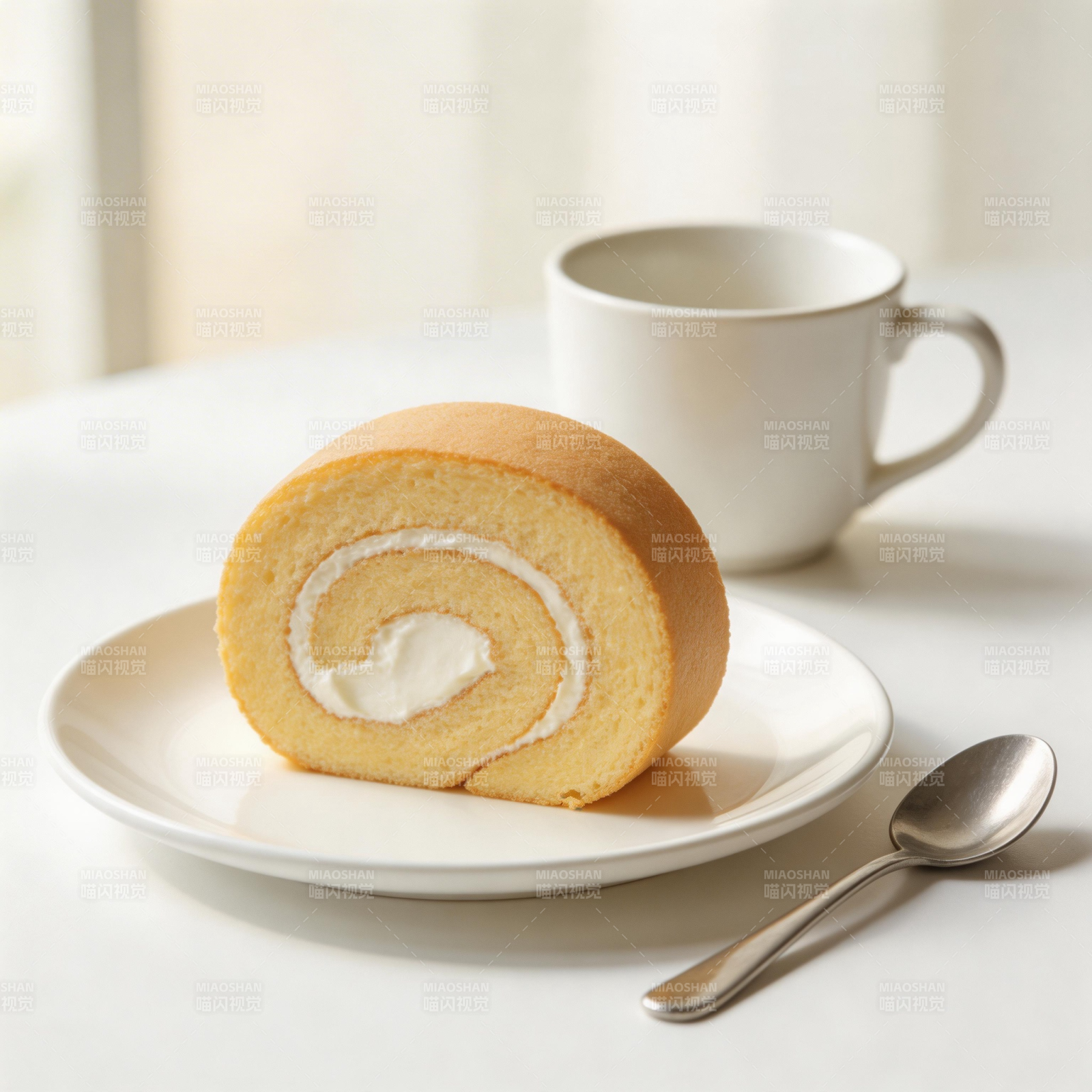 奶油蛋糕卷配咖啡图片