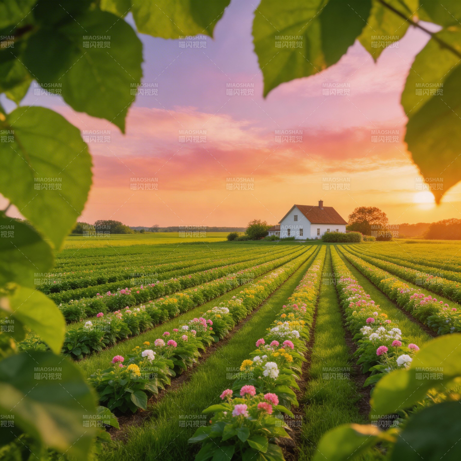 花田日落小屋图片