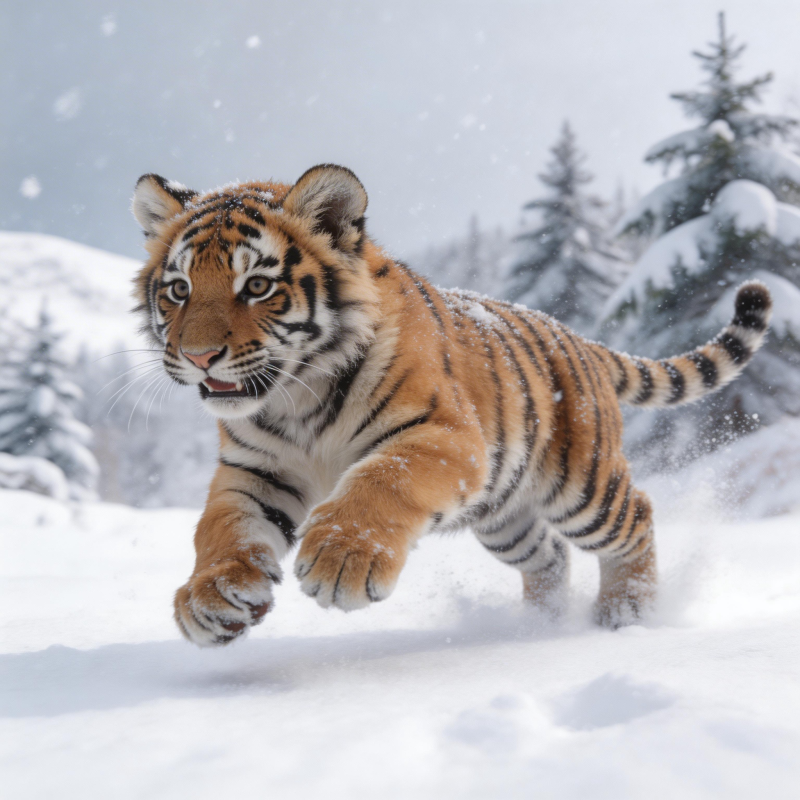 雪地虎崽奔腾图片