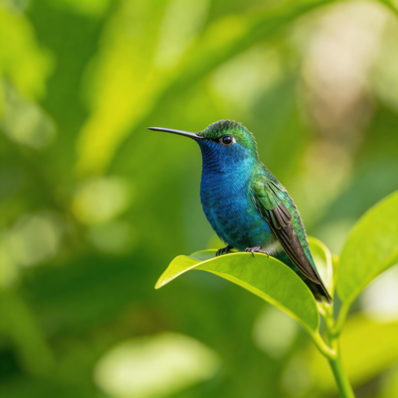 翠羽蜂鸟栖绿叶图片