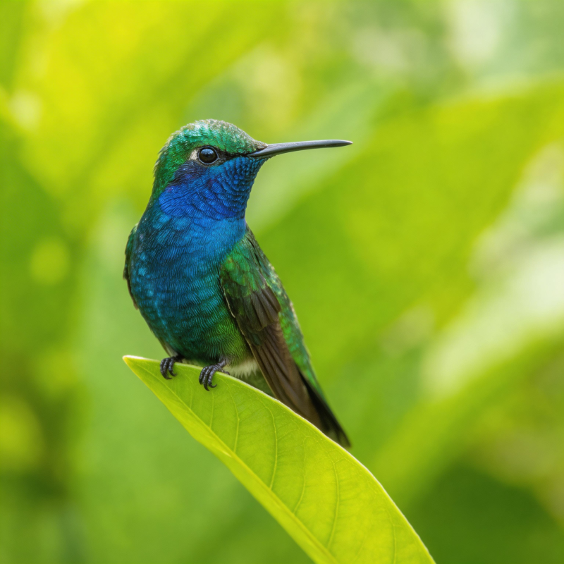 翠羽蜂鸟栖叶间图片