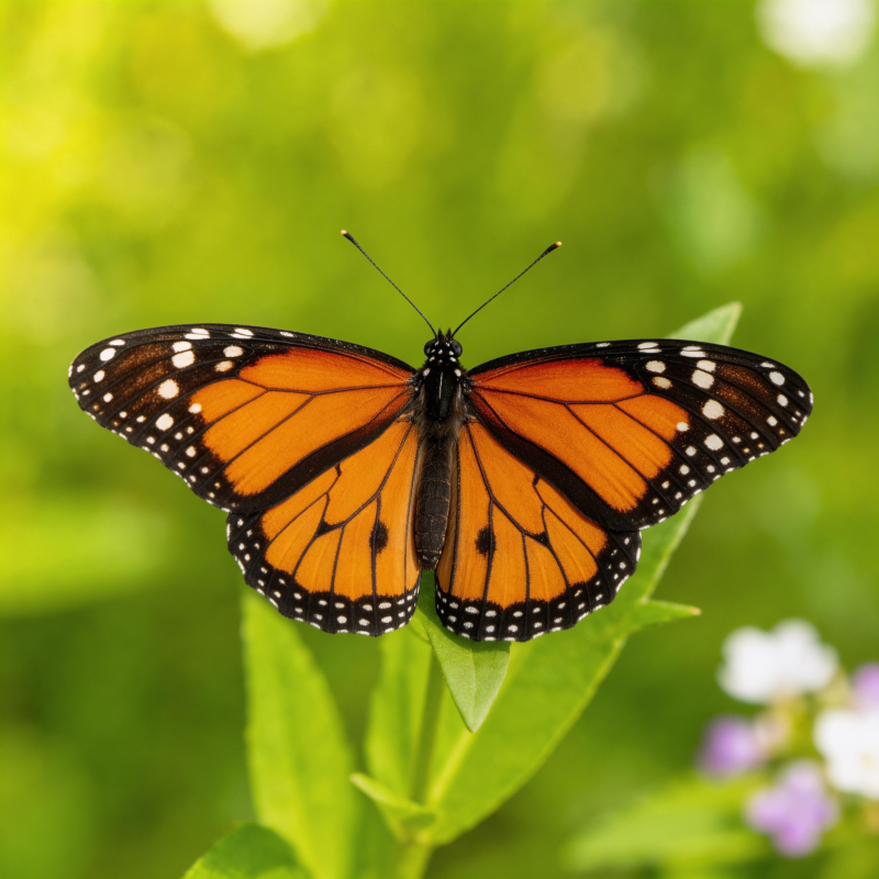 橙黑蝶栖绿叶上图片