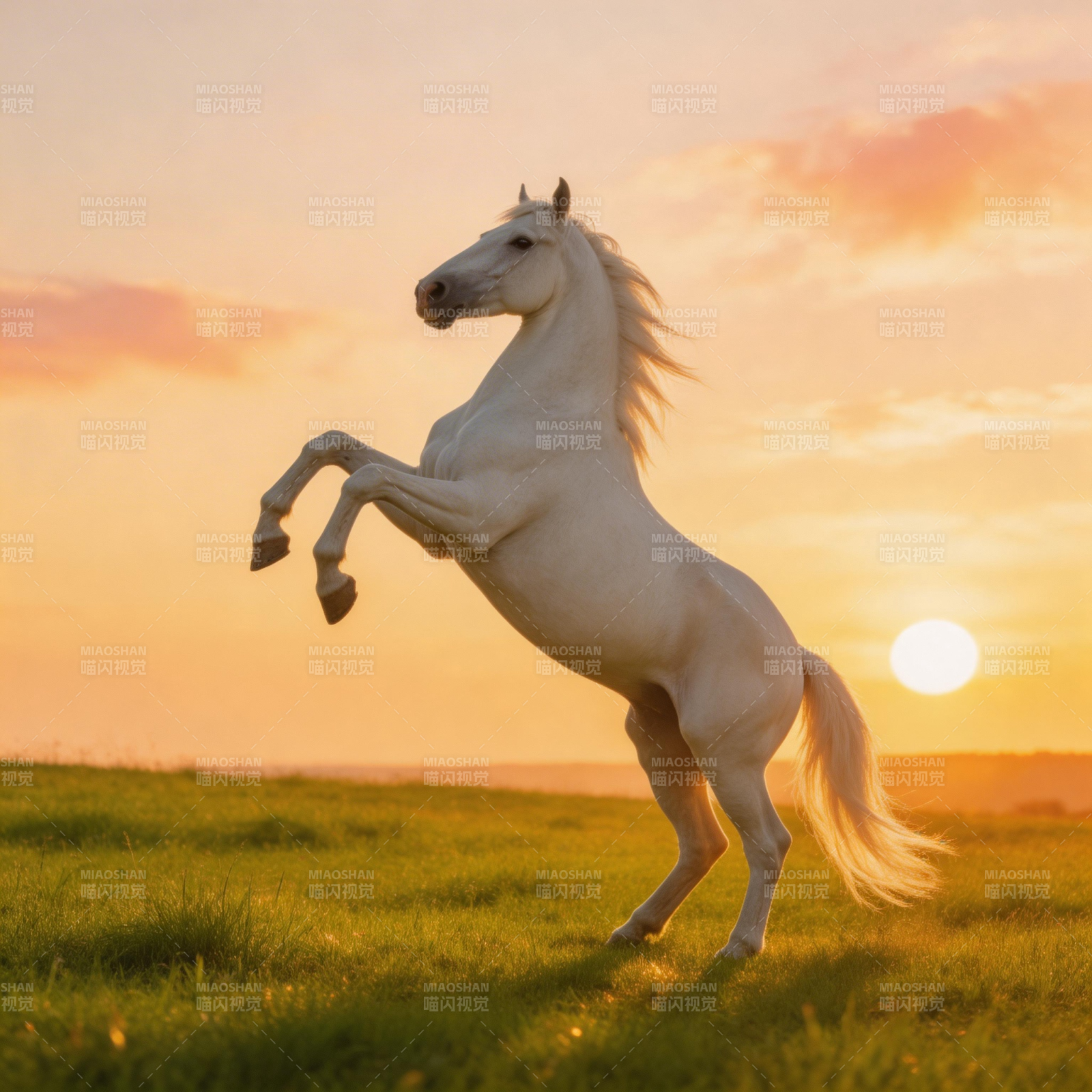 白马腾跃夕阳下图片