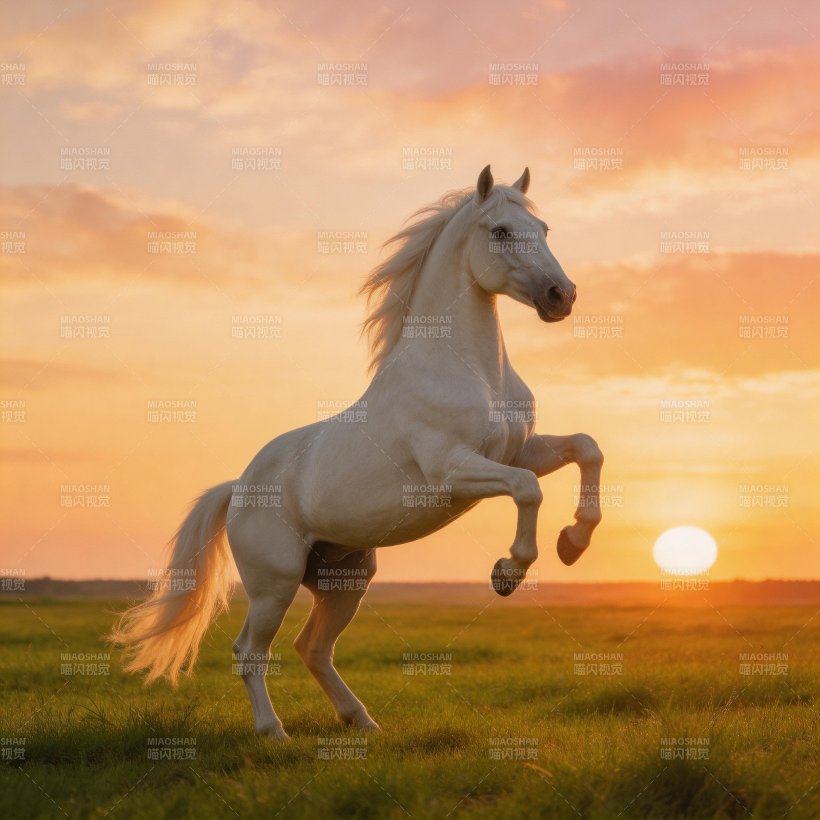 白马腾跃夕阳下图片