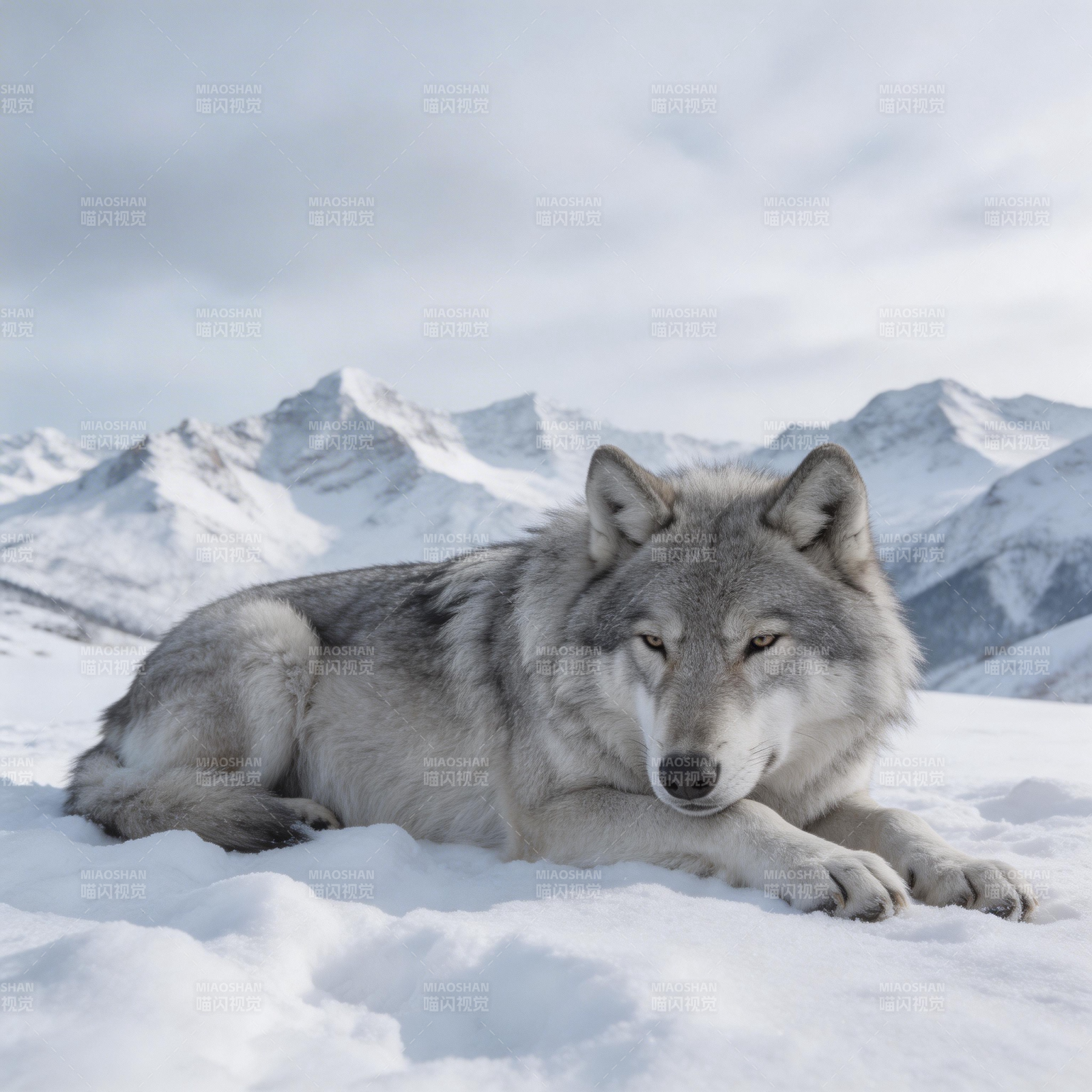 雪原孤狼静卧图片