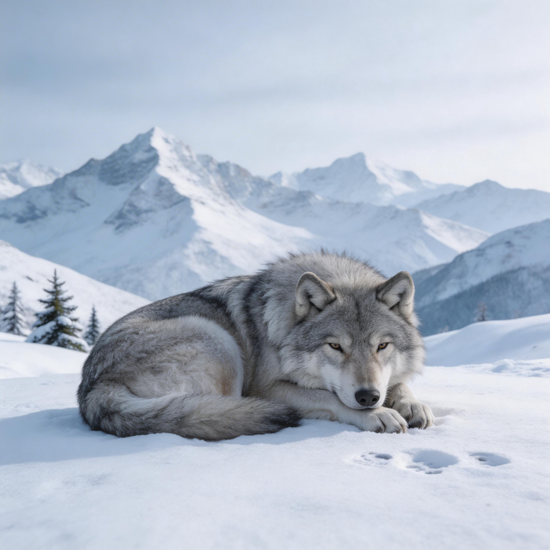 雪原孤狼静卧图片