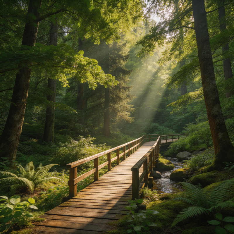 林间木桥晨光图片