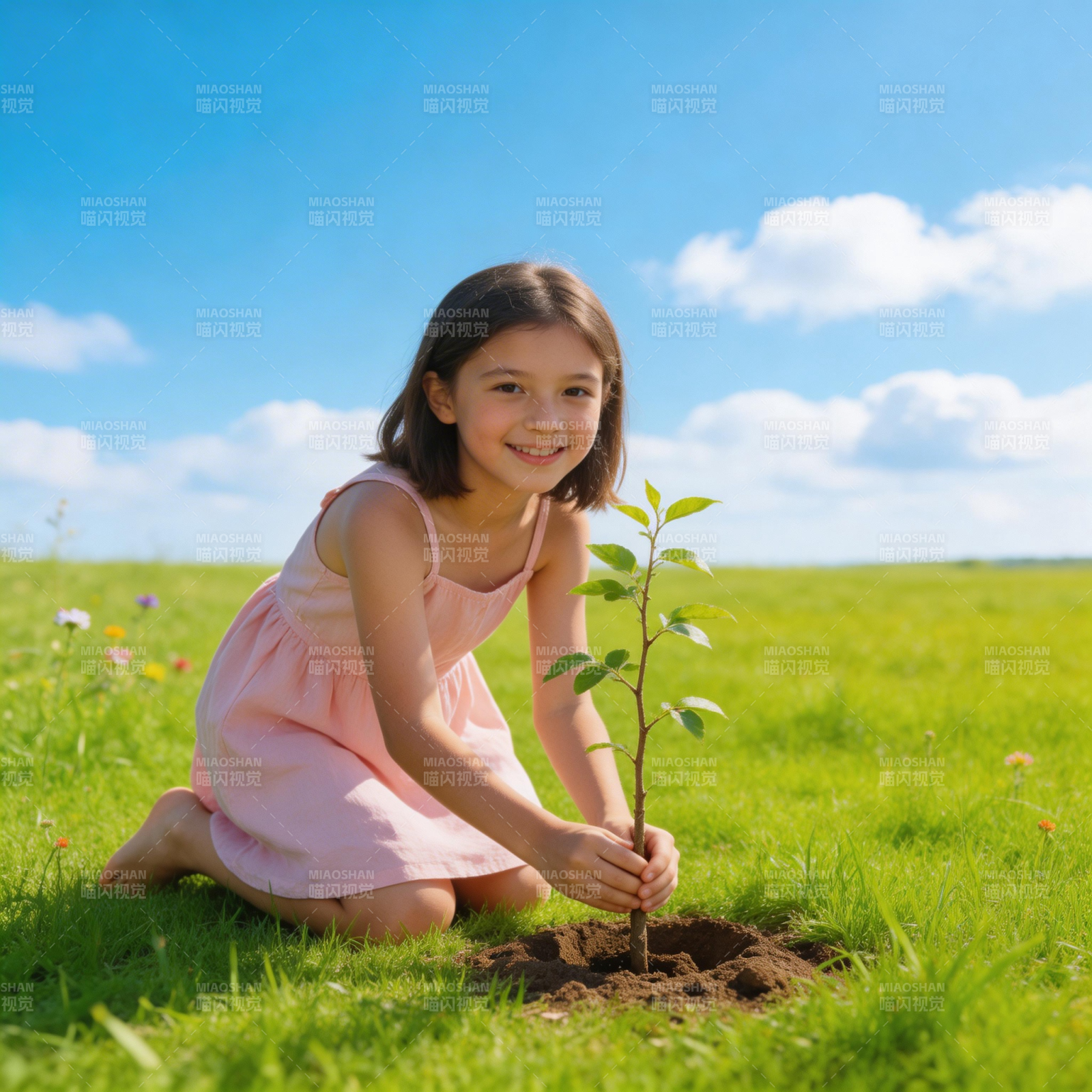 小女孩种树图片