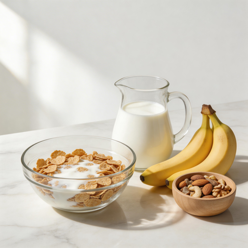 早餐组合 麦片牛奶香蕉坚果图片