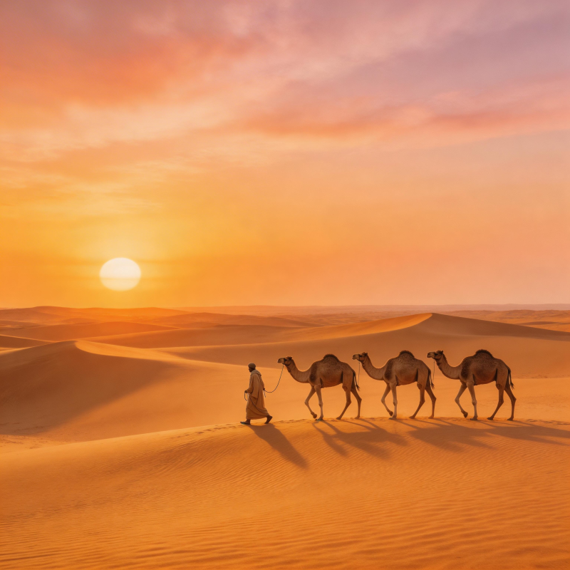 沙漠驼影夕阳下图片