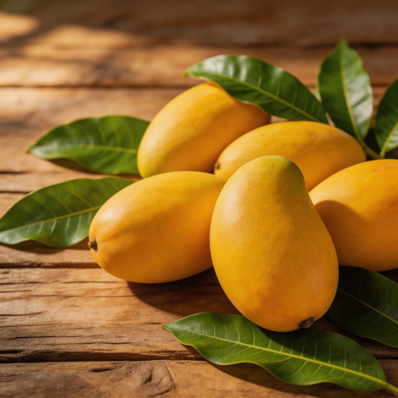 金黄芒果伴绿叶图片