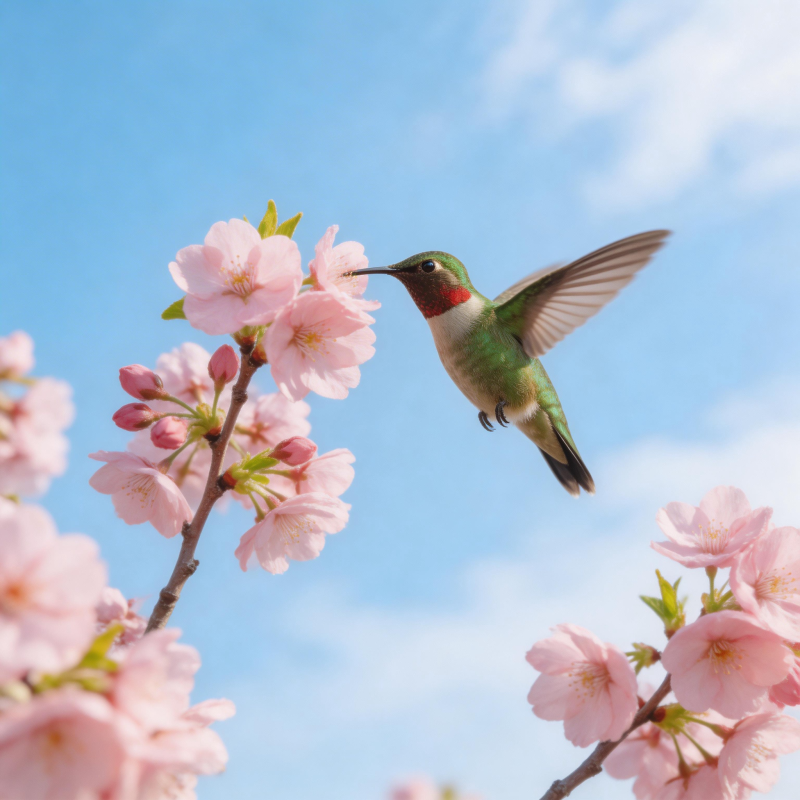 蜂鸟戏樱图片