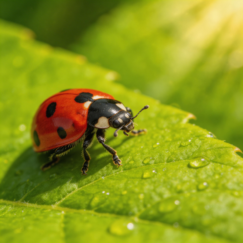 瓢虫栖叶 露珠点缀图片