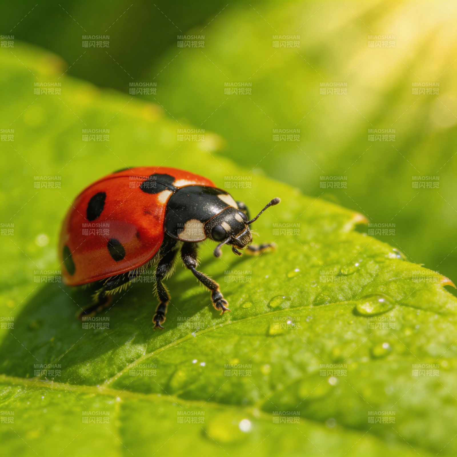 瓢虫栖叶 露珠点缀图片