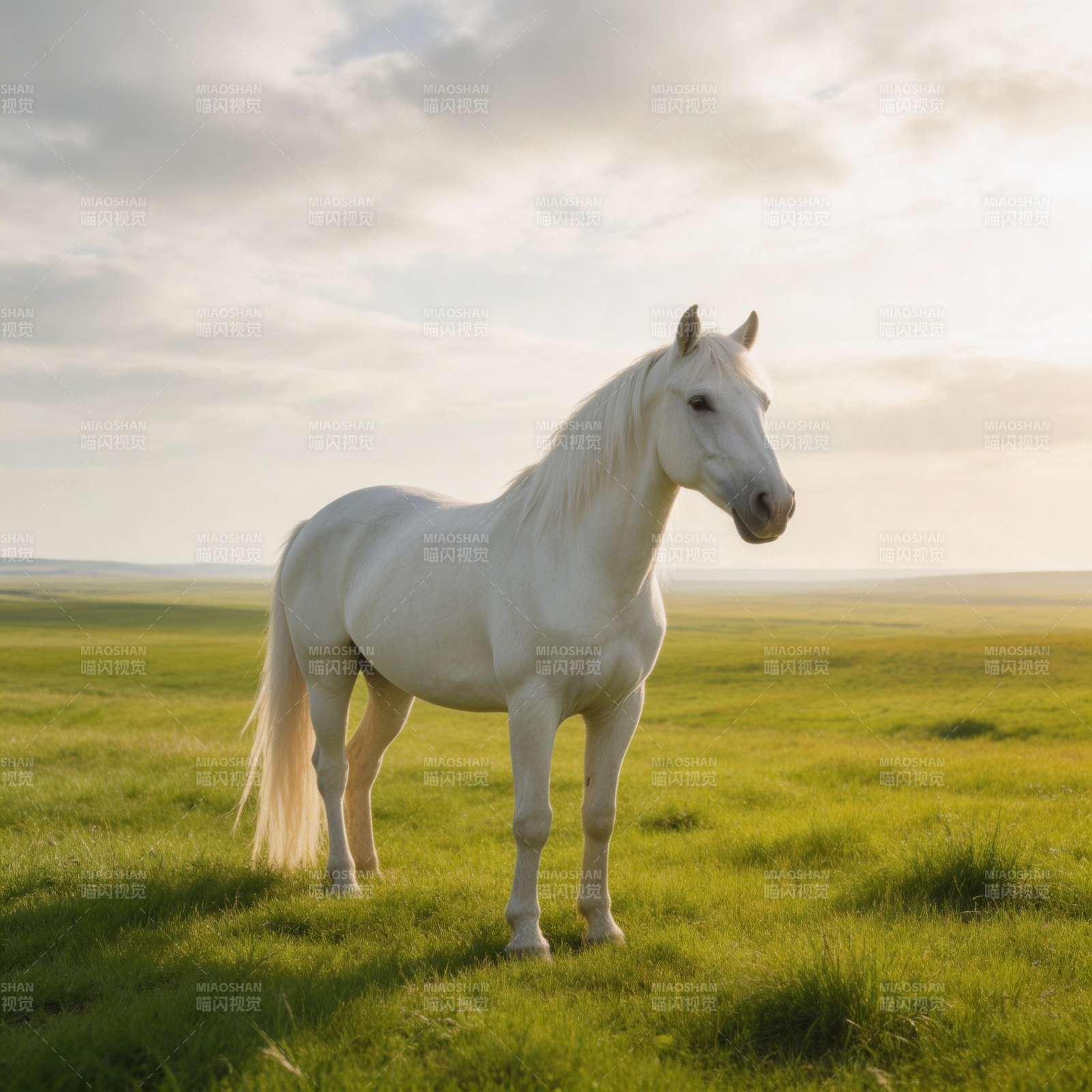 白骏马草原伫立图片