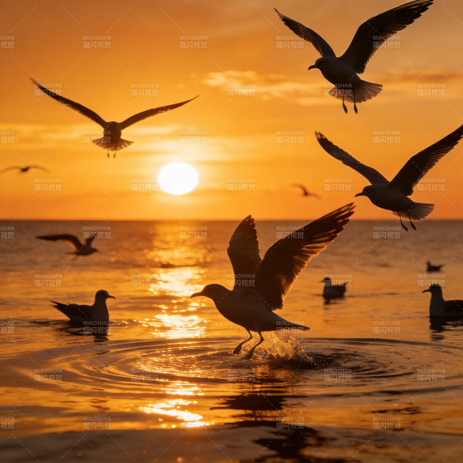 夕阳海鸥飞图片