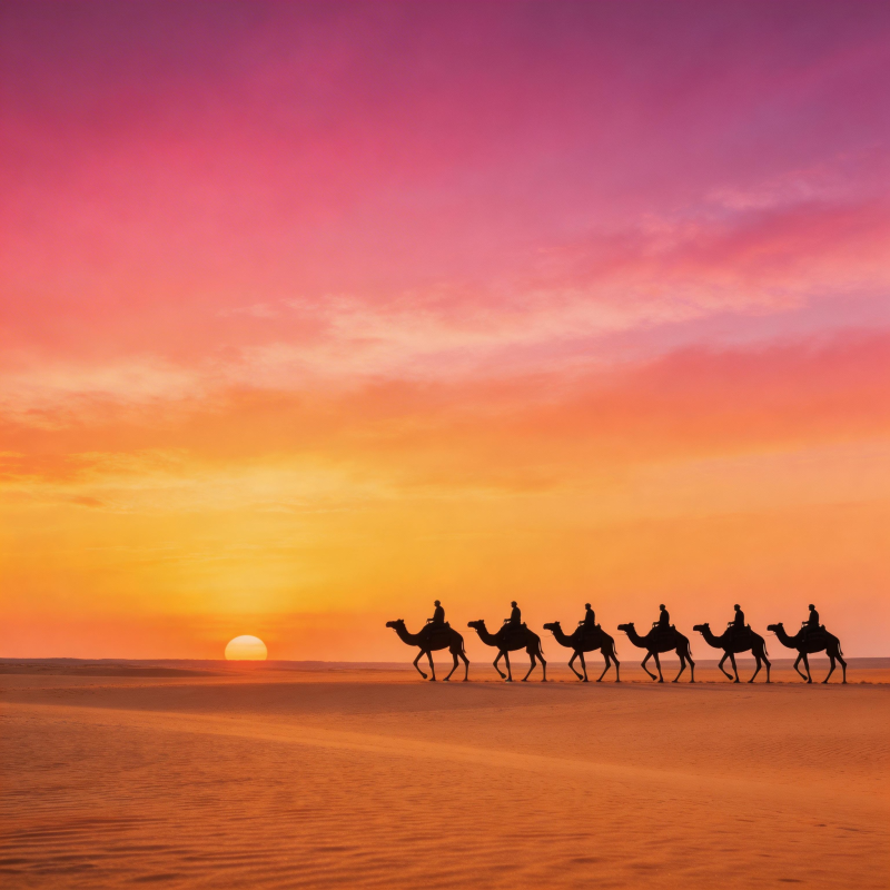 沙漠驼影日落时图片