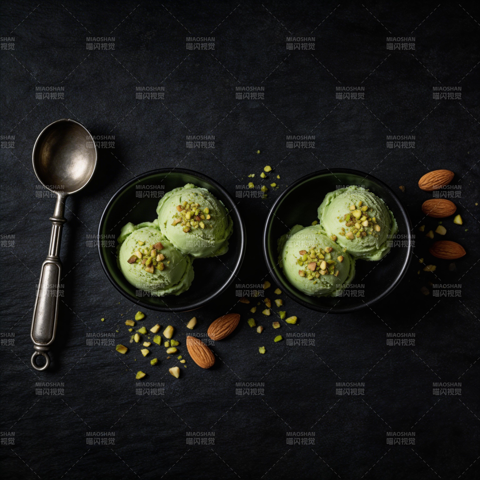 抹茶冰淇淋配杏仁图片