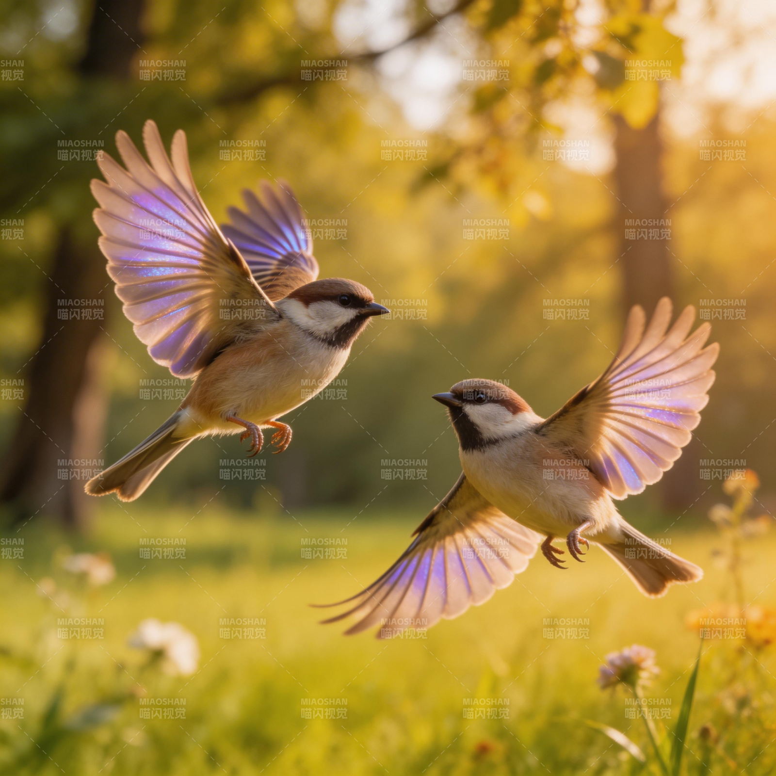 双鸟飞翔春日景图片