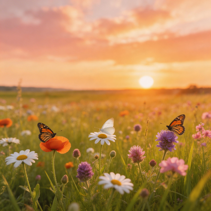 夕阳花海蝶舞图片
