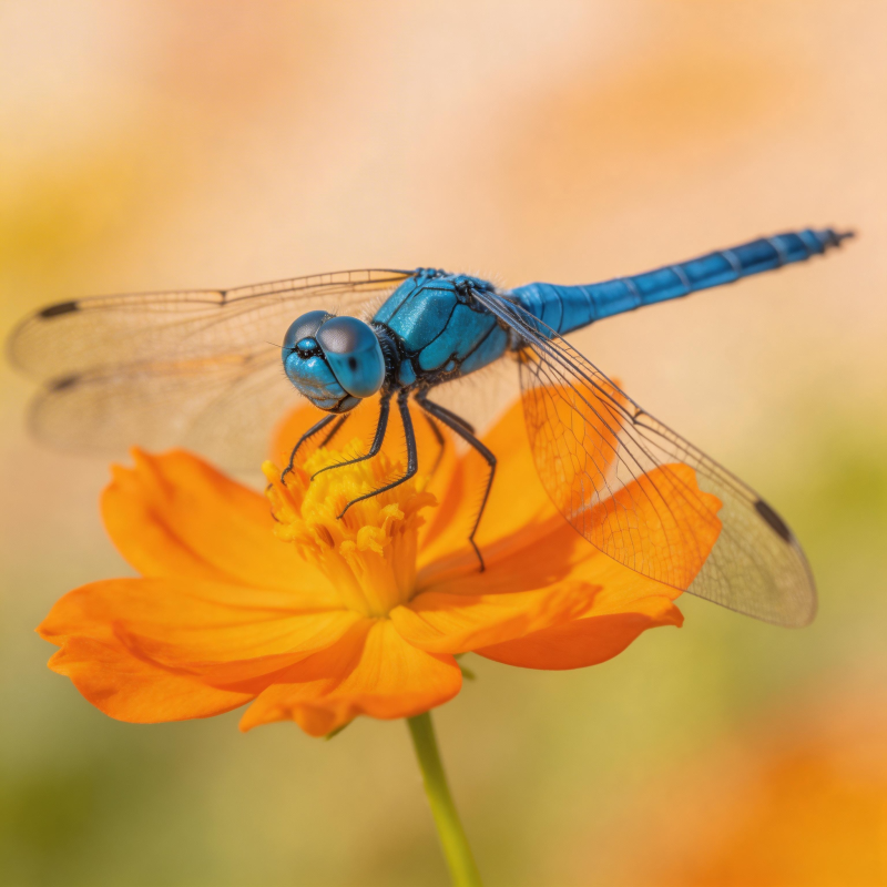 蓝蜻蜓栖橙花图片