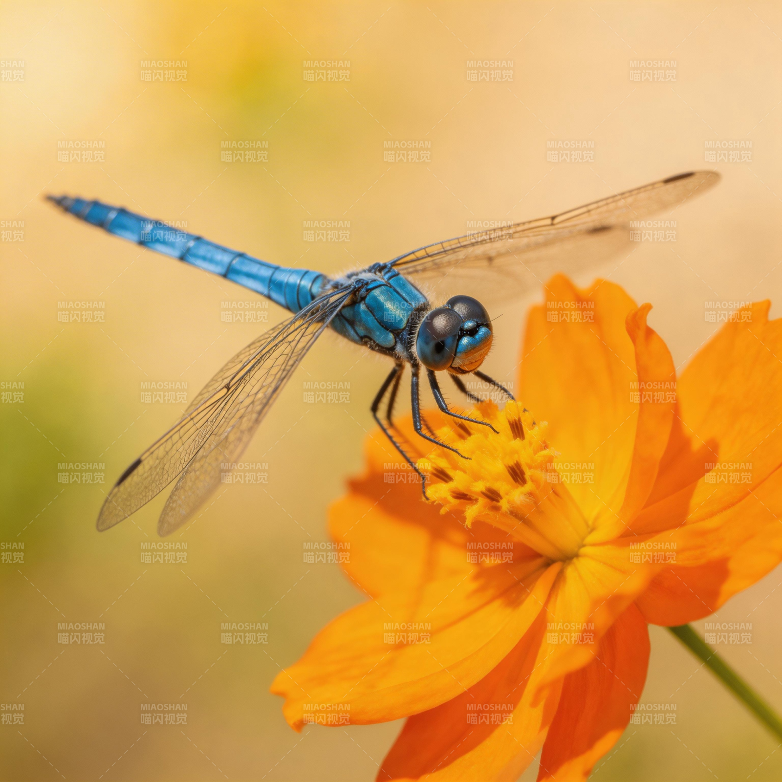 蓝蜻蜓栖橙花图片