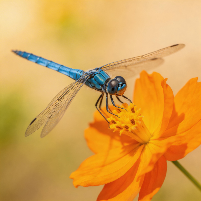 蓝蜻蜓栖橙花图片