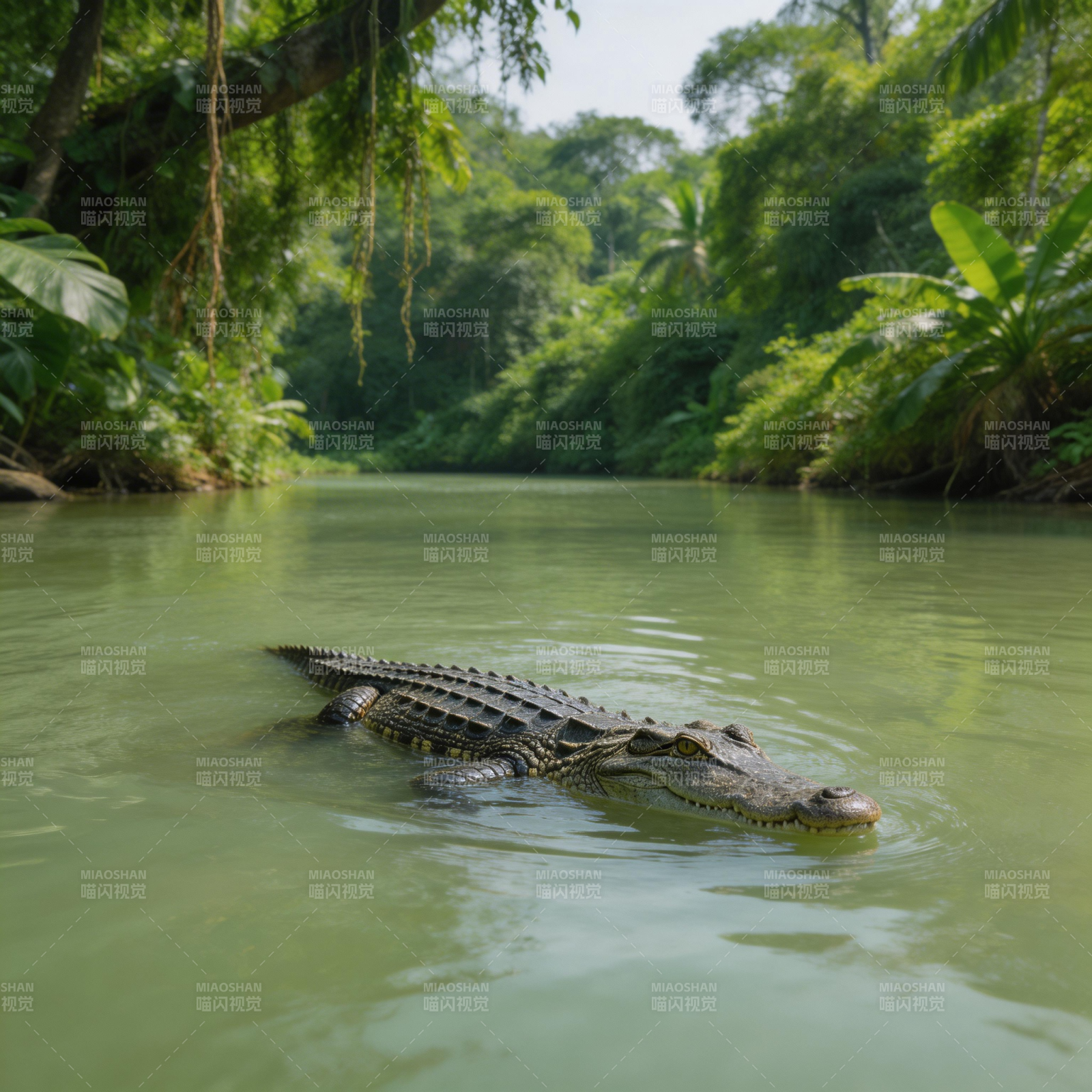 鳄鱼潜行绿潭图片