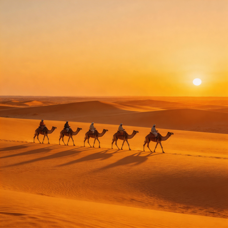 沙漠驼队日落行图片