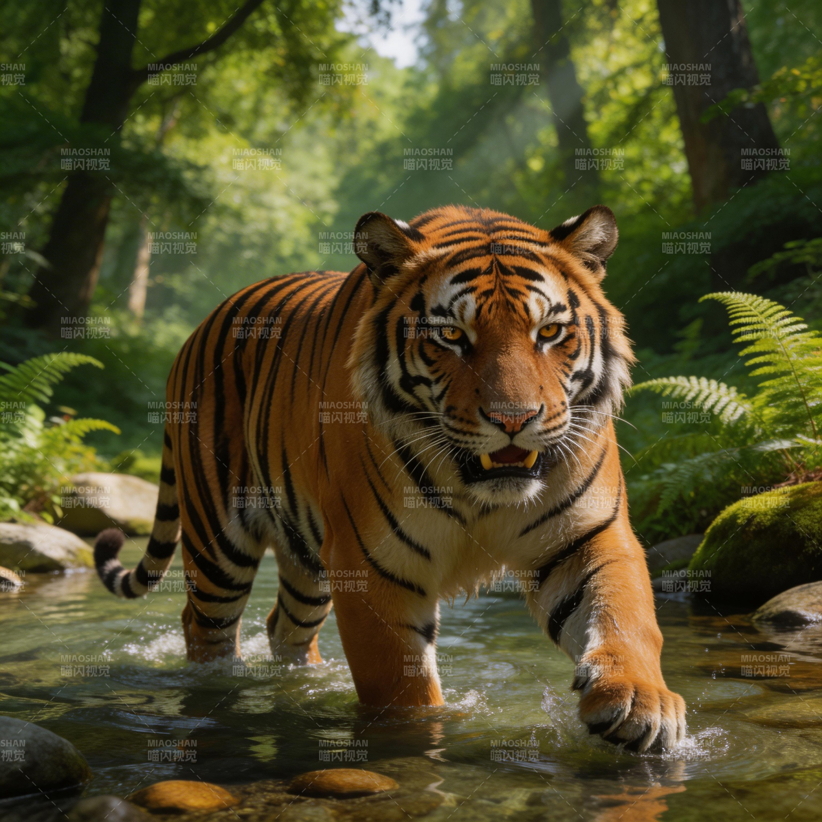 森林猛虎涉水前行图片