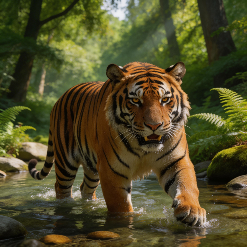 森林猛虎涉水前行图片