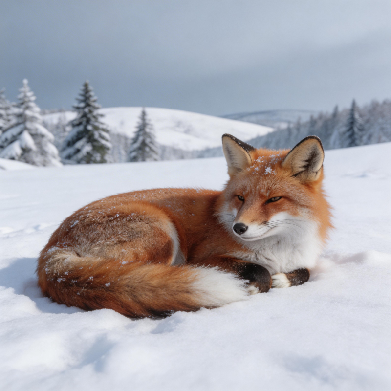 雪地红狐静卧图片