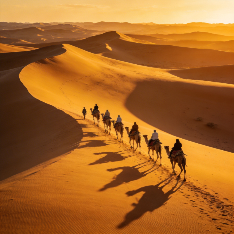 沙漠驼队夕阳行图片