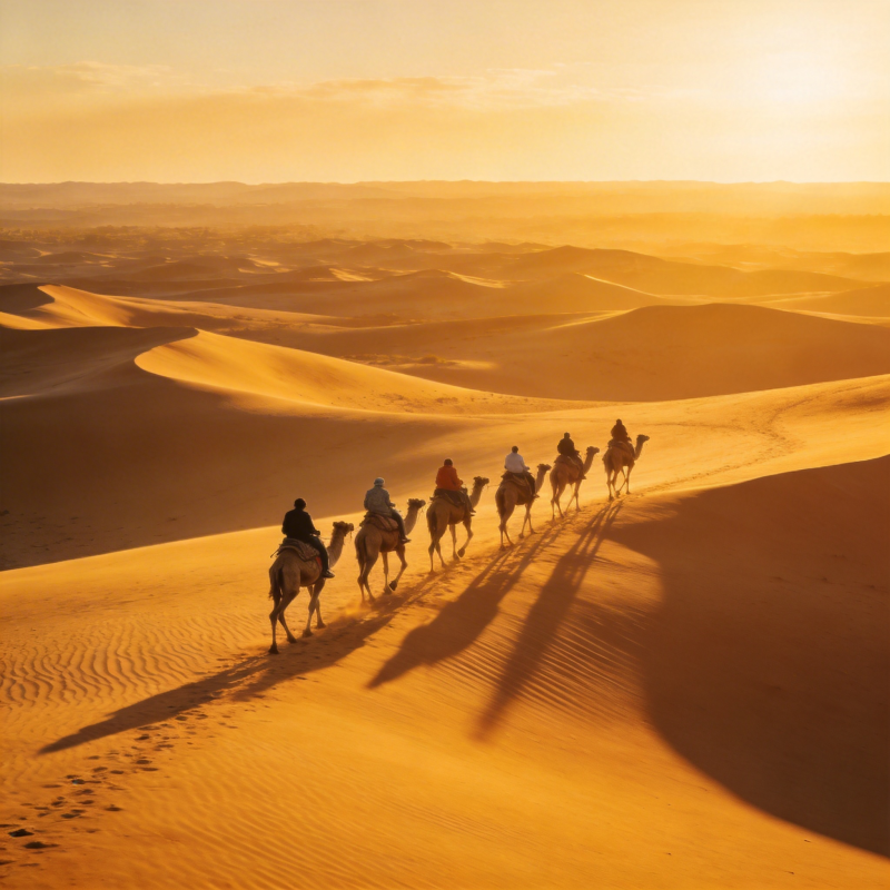 沙漠驼队夕阳行图片