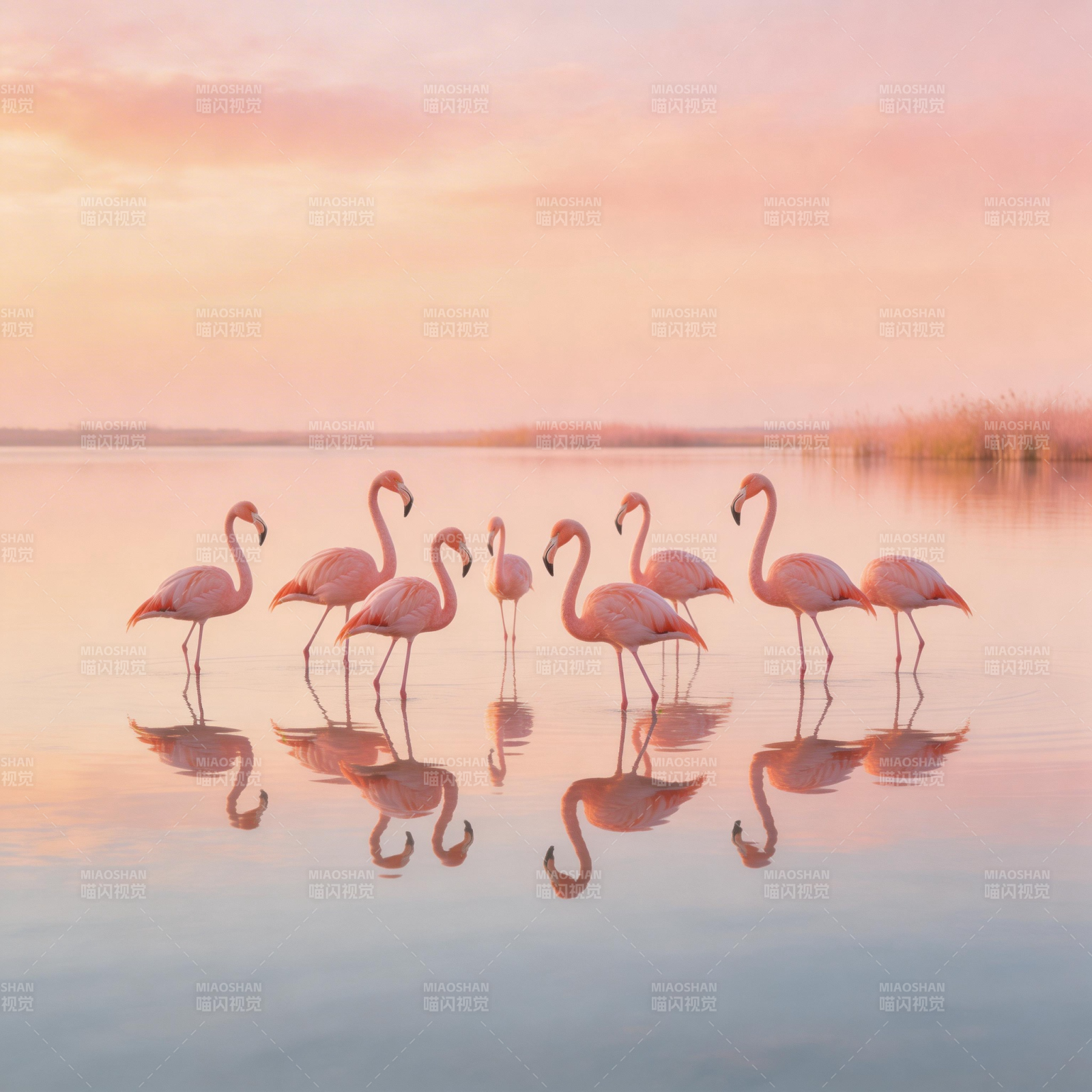 粉红火烈鸟湖畔晨曦图片