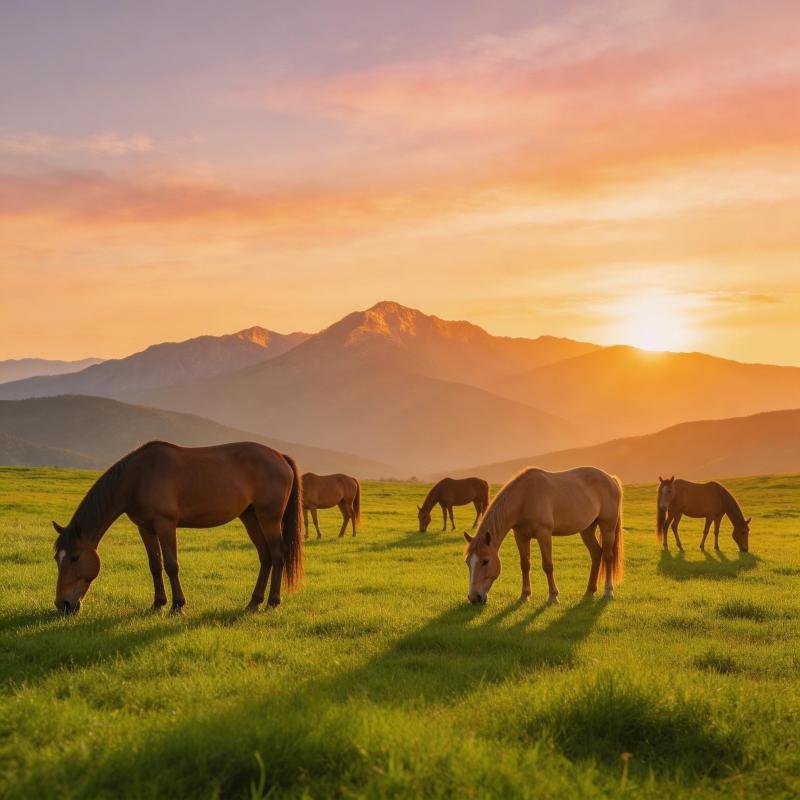 夕阳下的草原马群图片