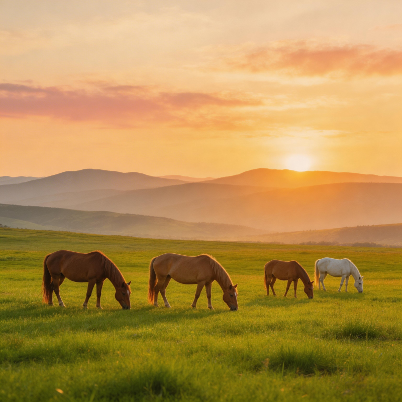 草原日落牧马图图片