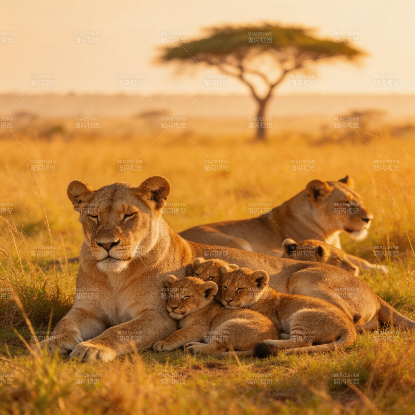 狮群夕阳下休憩图片