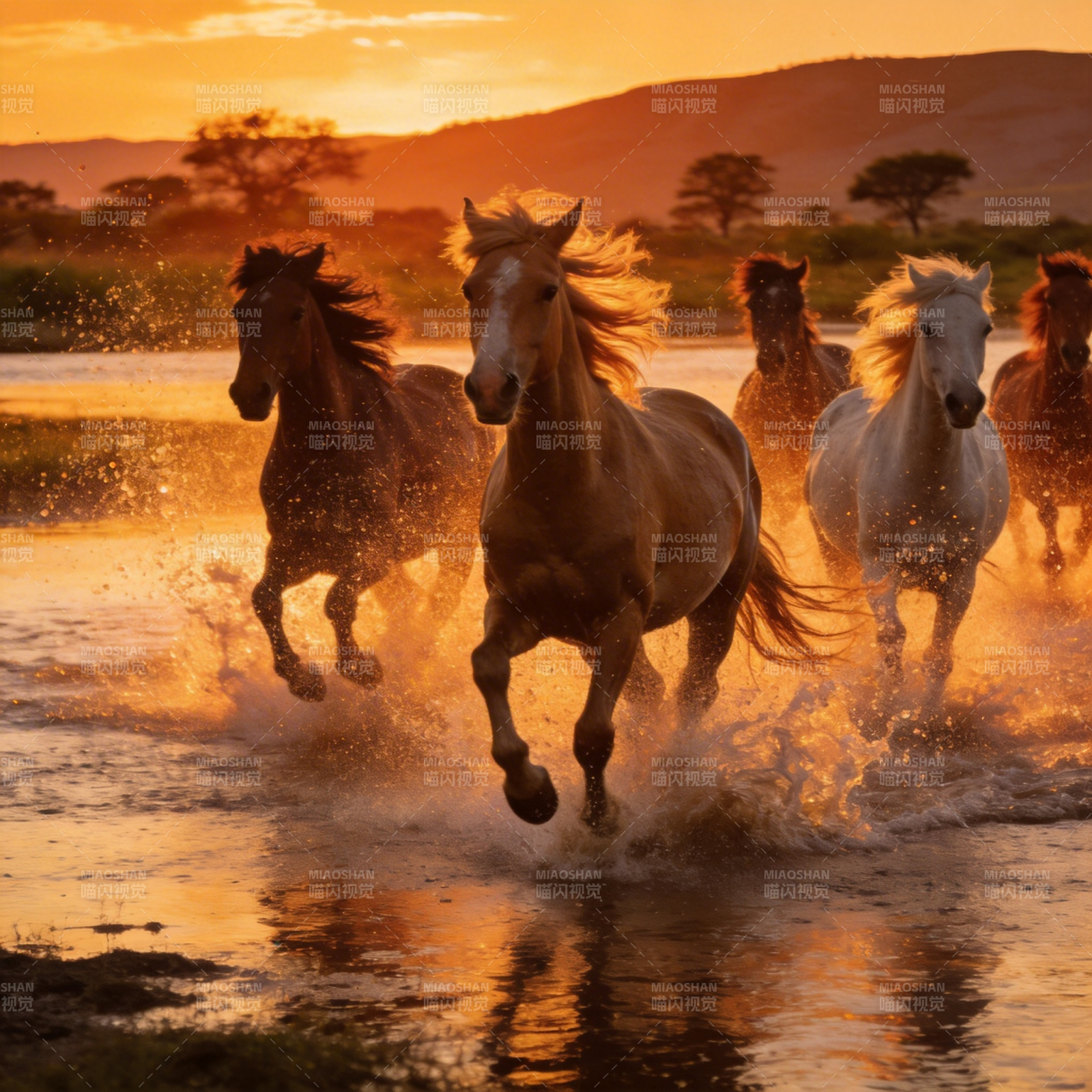 骏马奔腾夕阳下图片