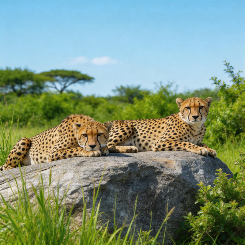 双猎豹静卧岩石图片