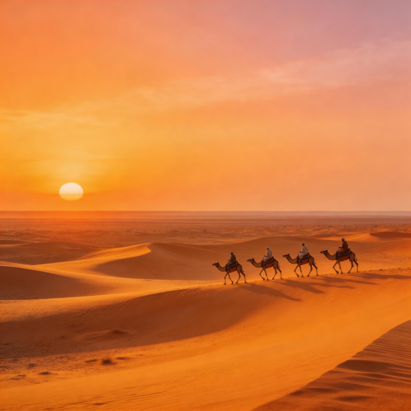 沙漠驼铃日落时图片